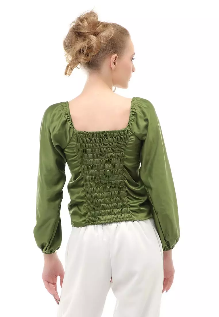Cheva Blouse Casual Wanita Sabrina Kerut Dada Lengan Panjang Material Satin ORIGINAL - Army Green