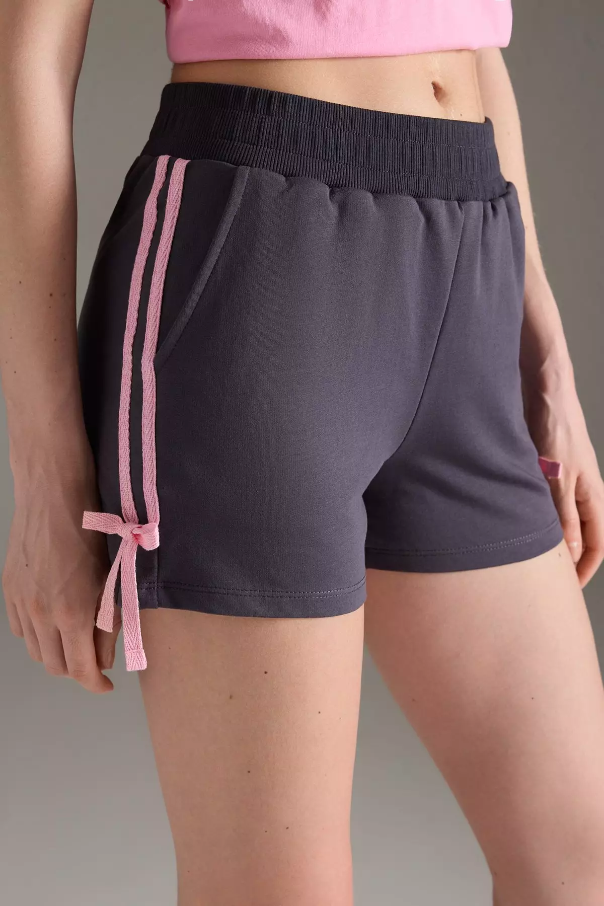 Anthracite Contrast Stripe and Bow Detail Short Stretch Knitting Shorts & Bermudas TWOSS25SR00188