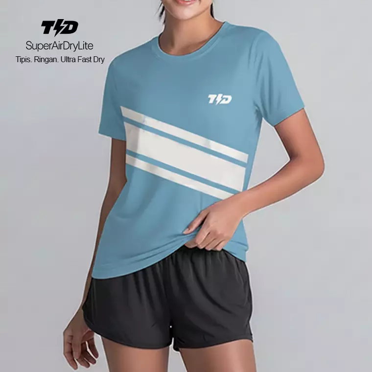 TDACTIVE Kaos Lari Running Tangan Pendek Wanita Superairdrylite - 3lines putih cloud blue LSE94