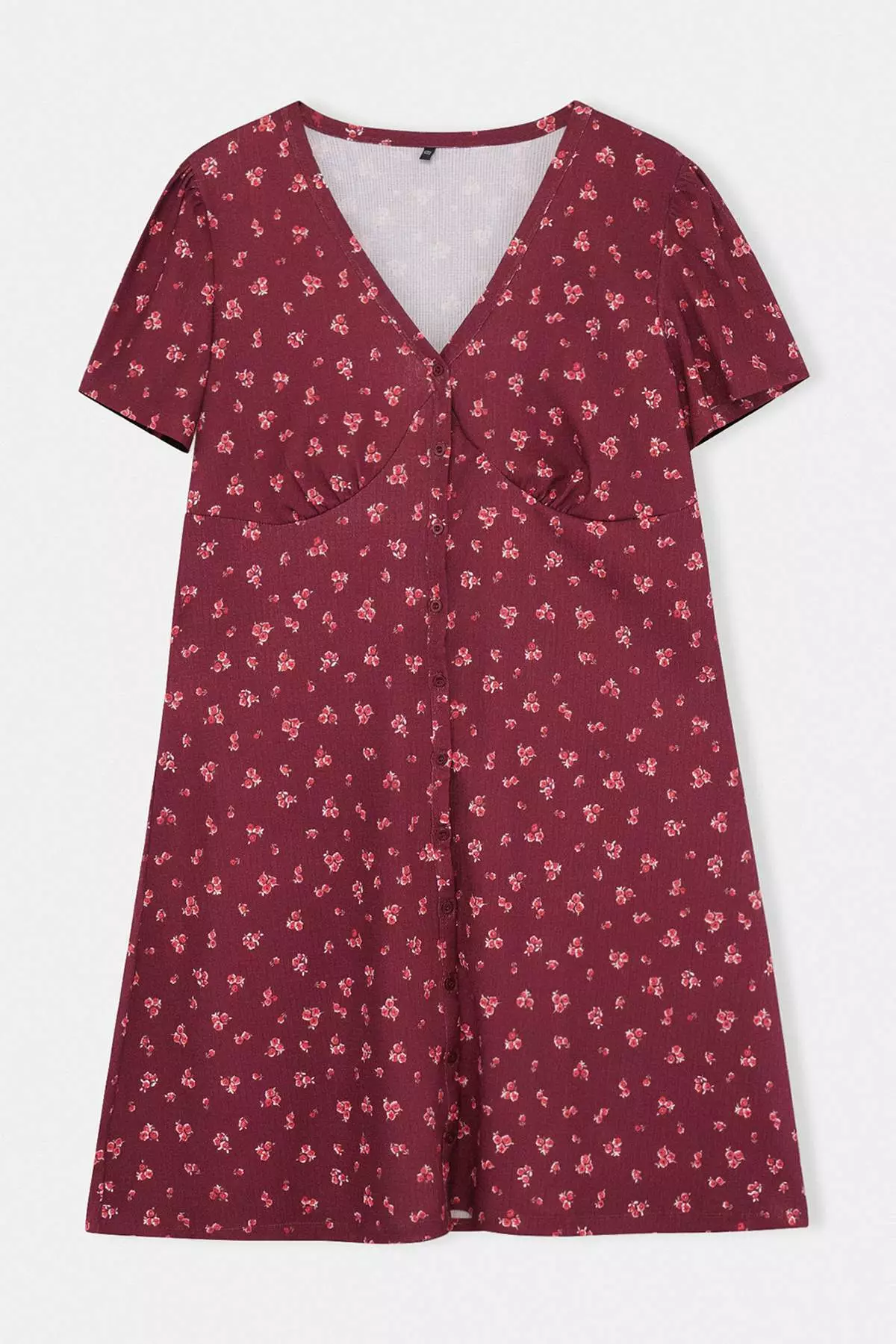Burgundy Floral Printed Wrinkled V-Neck Knitted Plus Size Dress Tbbss26Ah00178