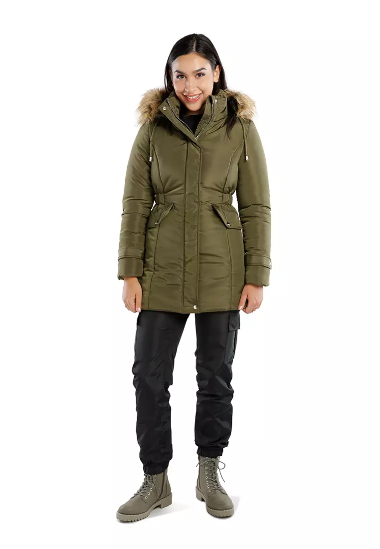 Khaki Long Puffer Jacket Hoodie