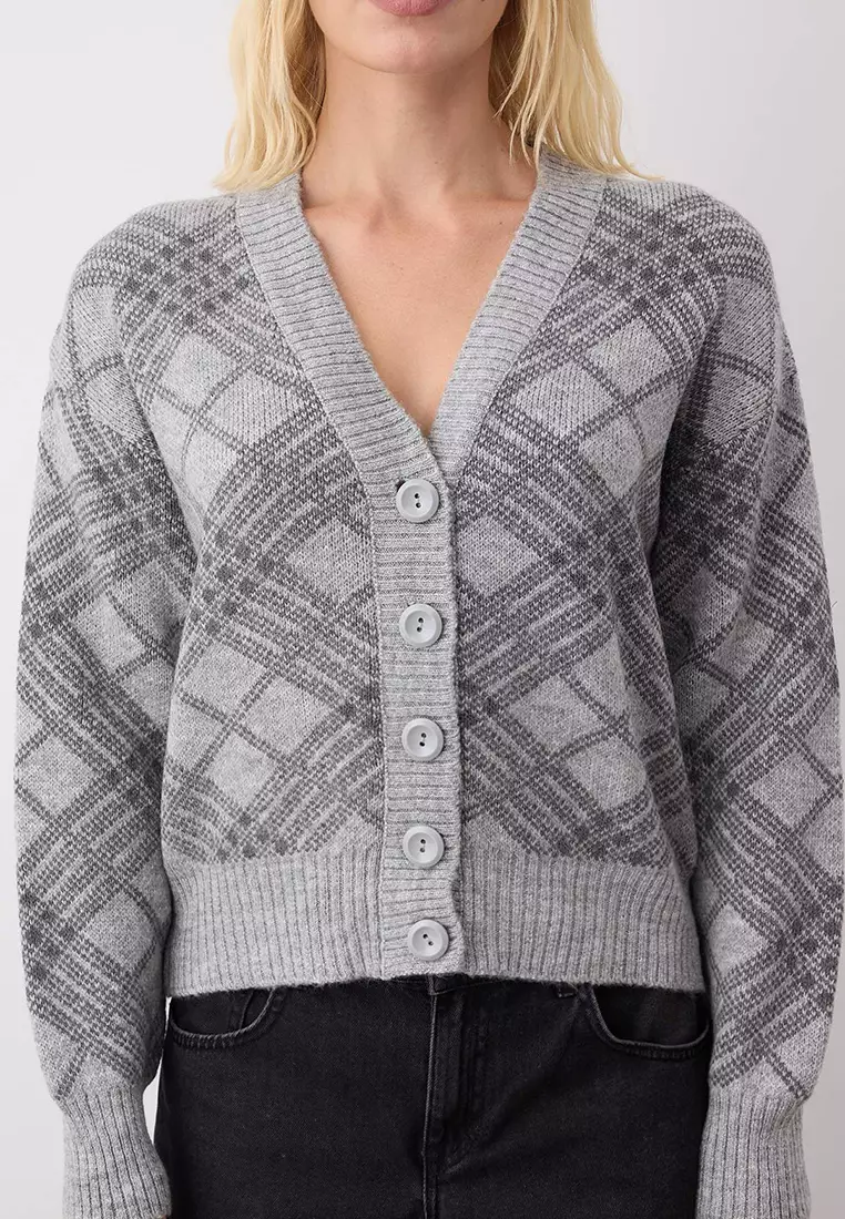 Gray Soft Textured Diamond Patterned V-Neck Knitwear Cardigan