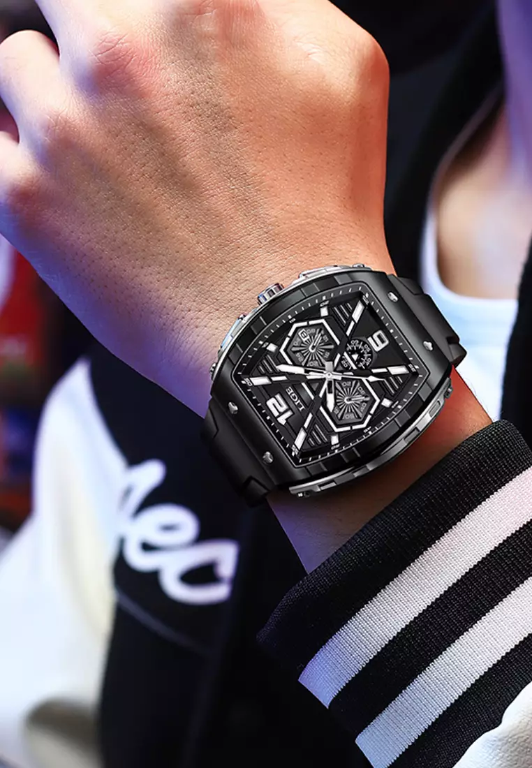 Unisex Tonneau Shaped IP Black Quartz Watch on Rubber Strap