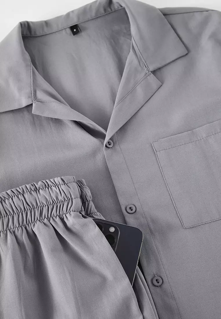 Grey Regular Fit Woven Pajama Set TMNAW24PT00057
