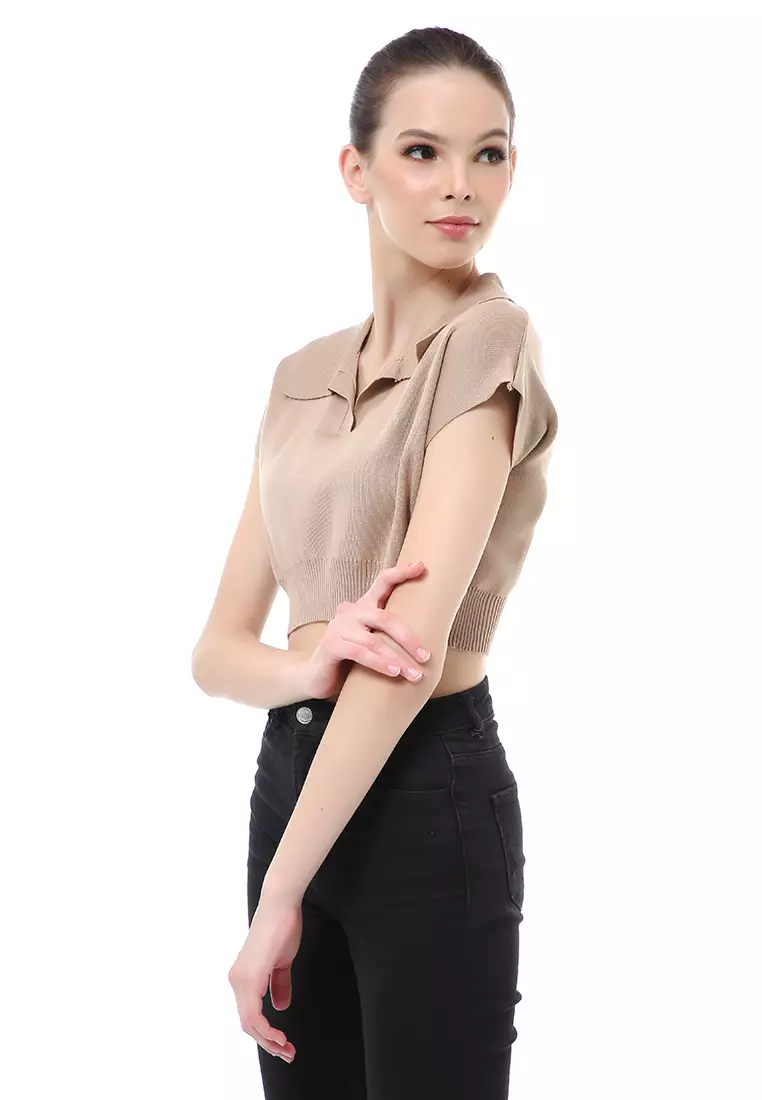 Albertine Atasan Crop Wanita Lengan Pendek Blouse Kerah Material Rajut ORIGINAL - Brown