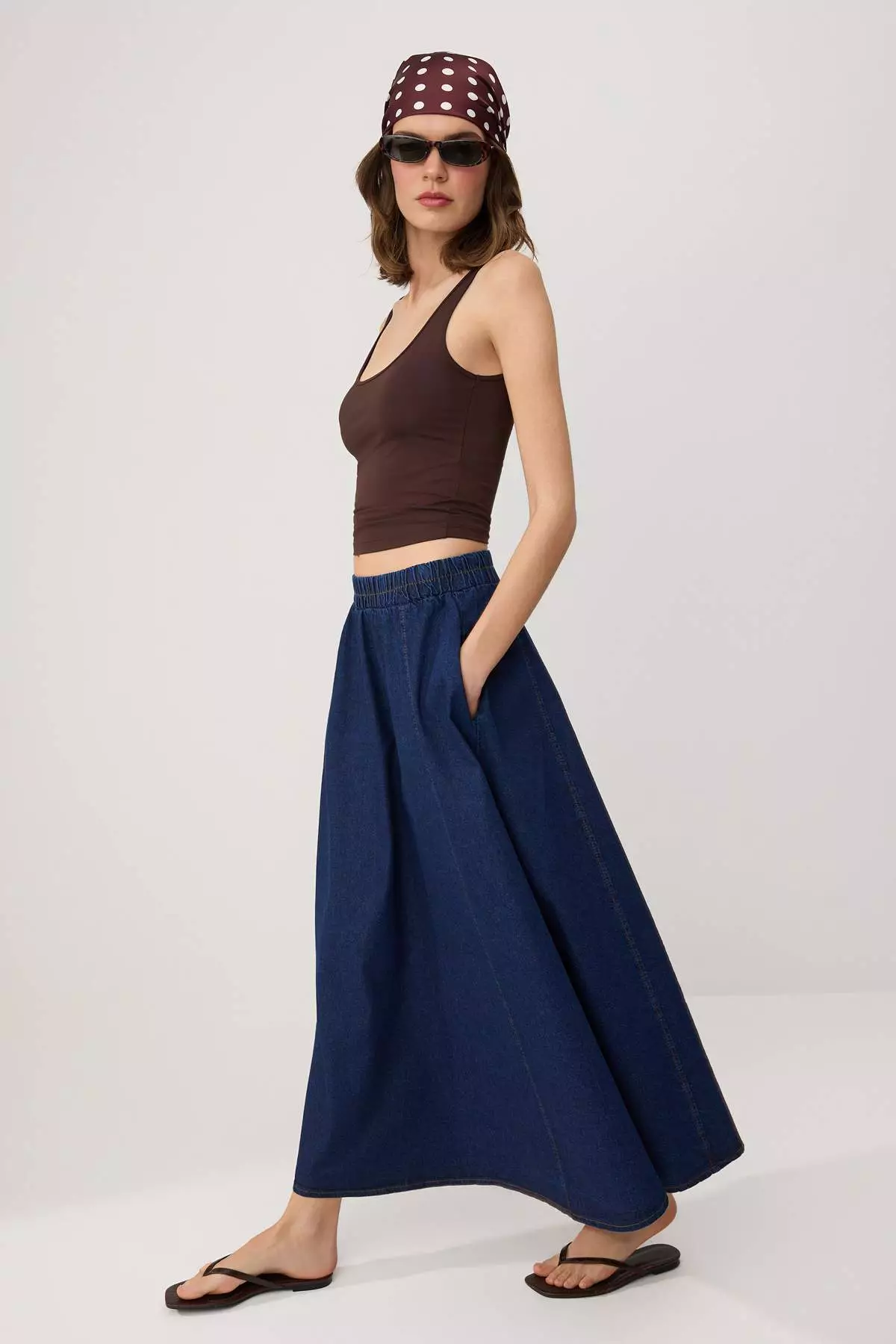 Navy Blue Flared Maxi Denim Skirt Twoss26Et22