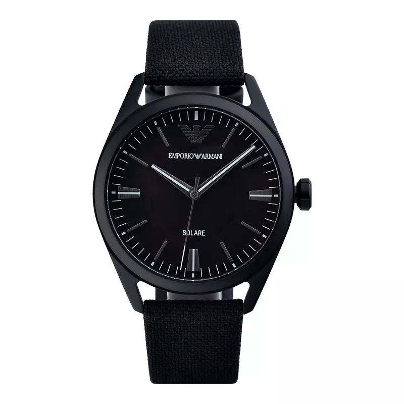 Jam Tangan Pria Emporio Armani Fashion AR11397 Solar Powered Men Black Dial Black Fabric Strap