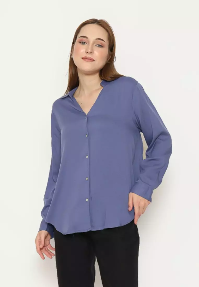 Urban Exchange Milla Blue Blouse - Atasan Blouse Wanita Lengan Panjang