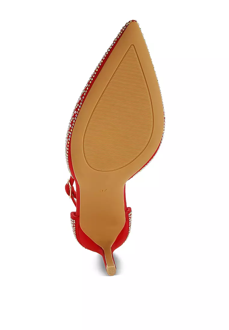 Sandal Stiletto Berhias Mutiara & Payet Warna Merah