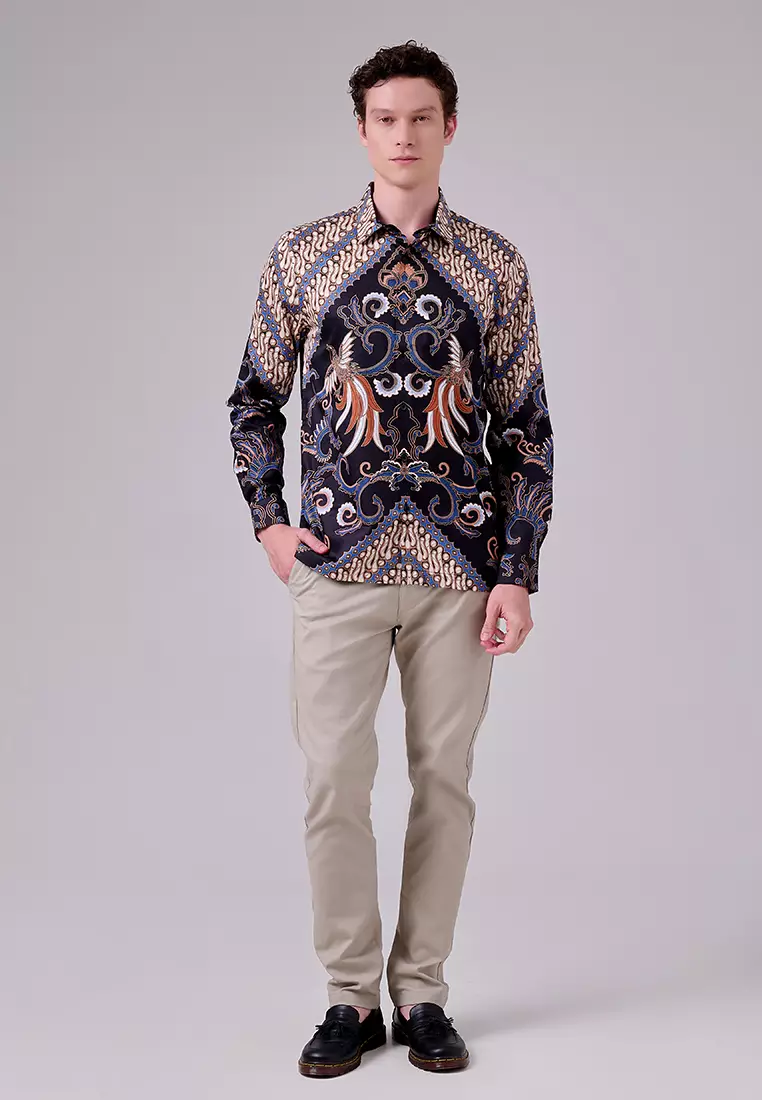 MANZONE - Kemeja Batik Lengan Panjang Pria Harisdarma Modern Fit - Black Warna Black