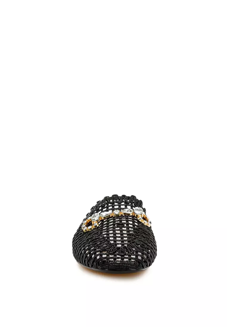 Metallic Woven Diamante Mules in Black