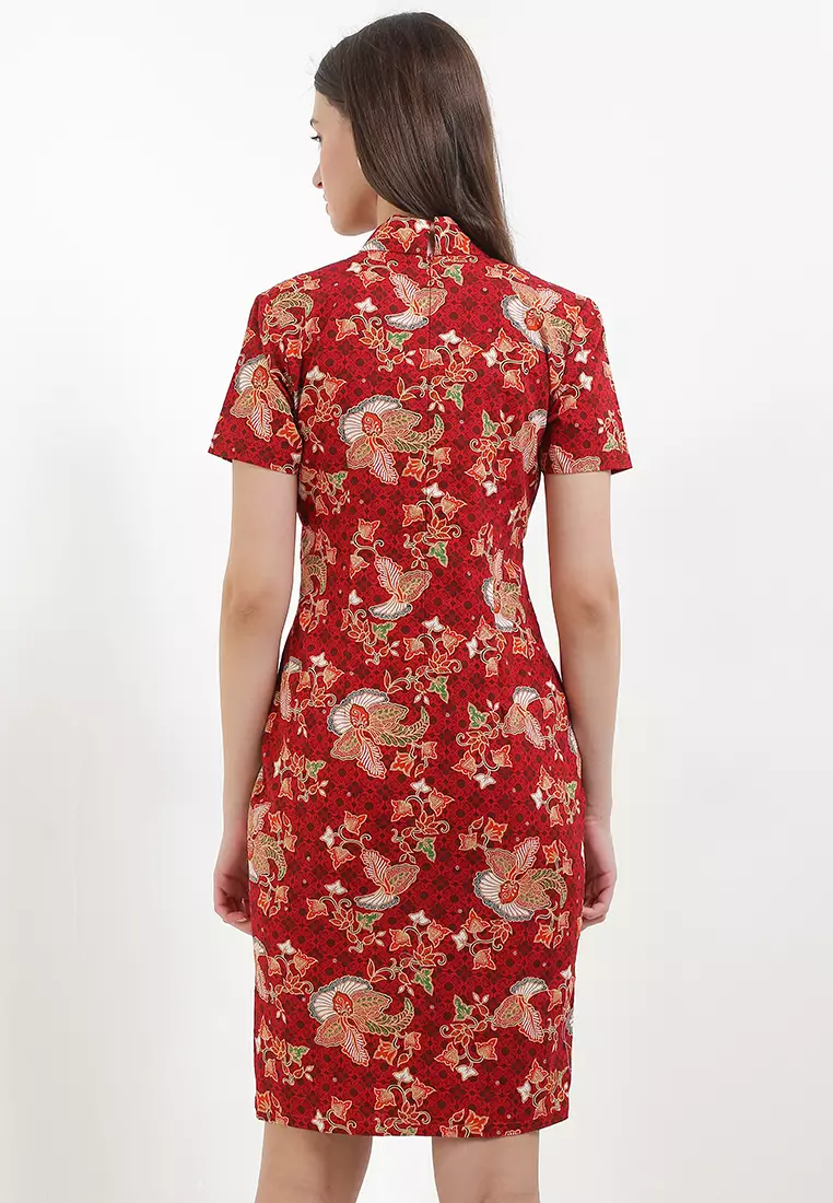 Dress Batik Wanita Furing Rui Merah Maroon Lengan Pendek Natal Imlek Cheongsam Bodyfit