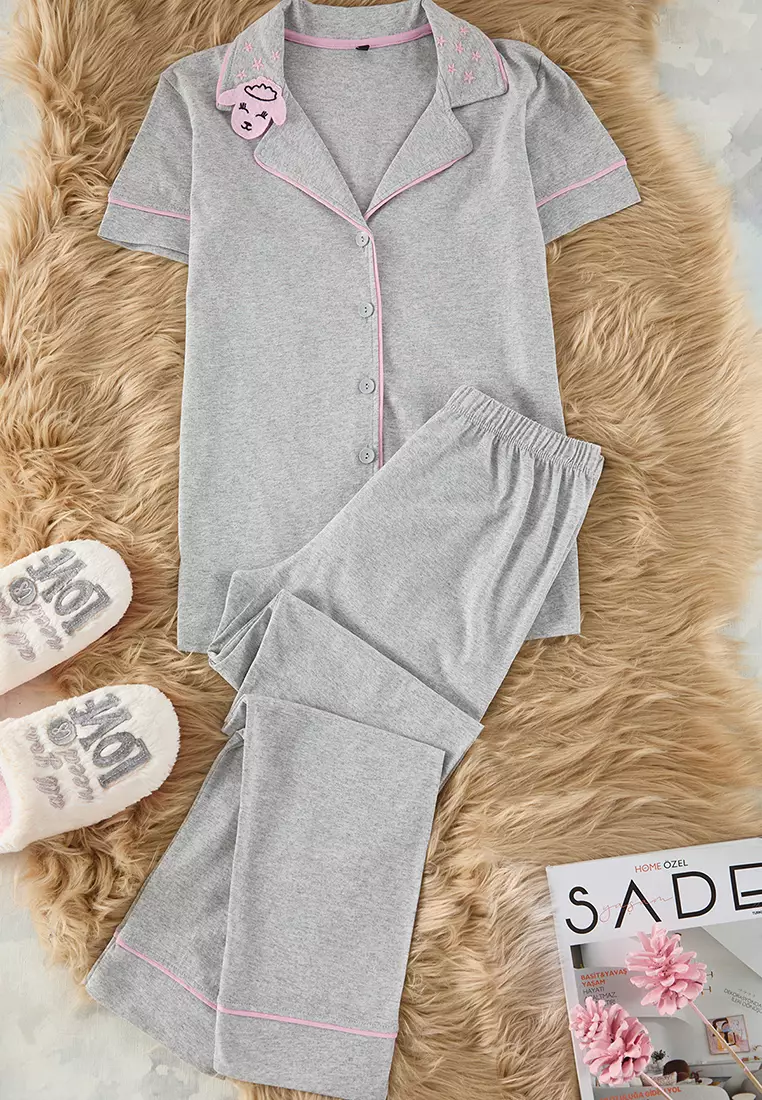 Gray Cotton Collar Lamb Printed Tight Pajama Set