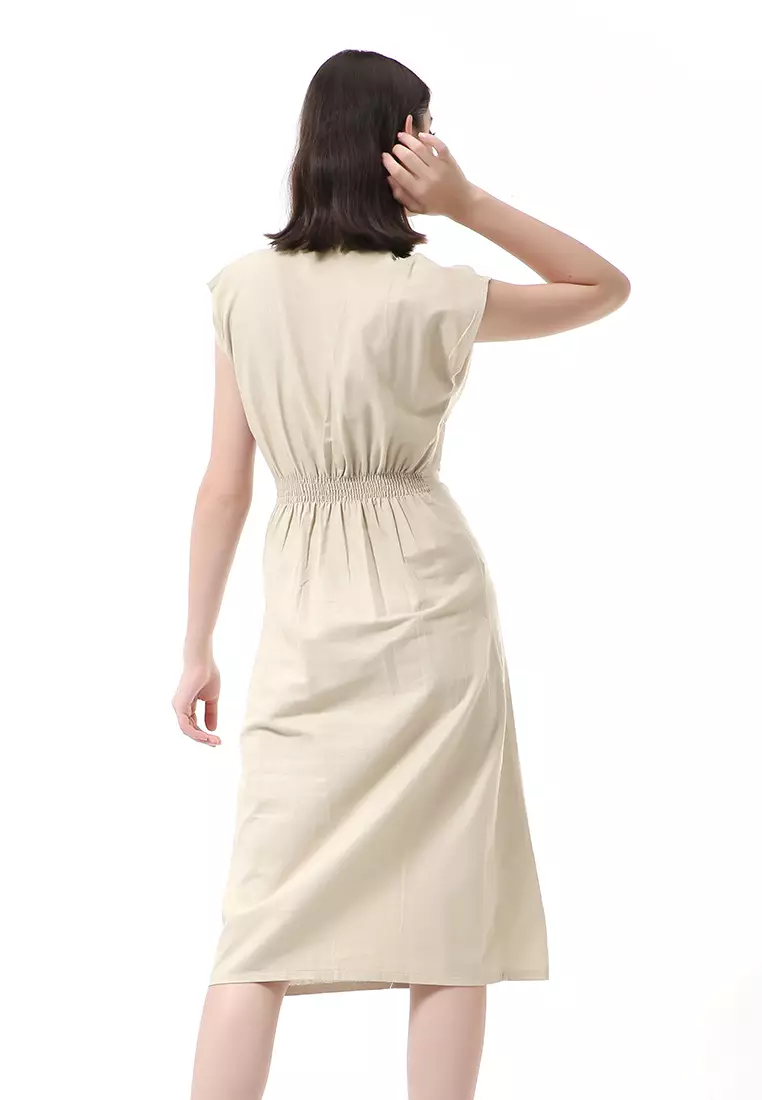 Rachel Rok Wanita Lengan Pendek Button Front Midi Dress Material Sateen ORIGINAL - Nude Brown