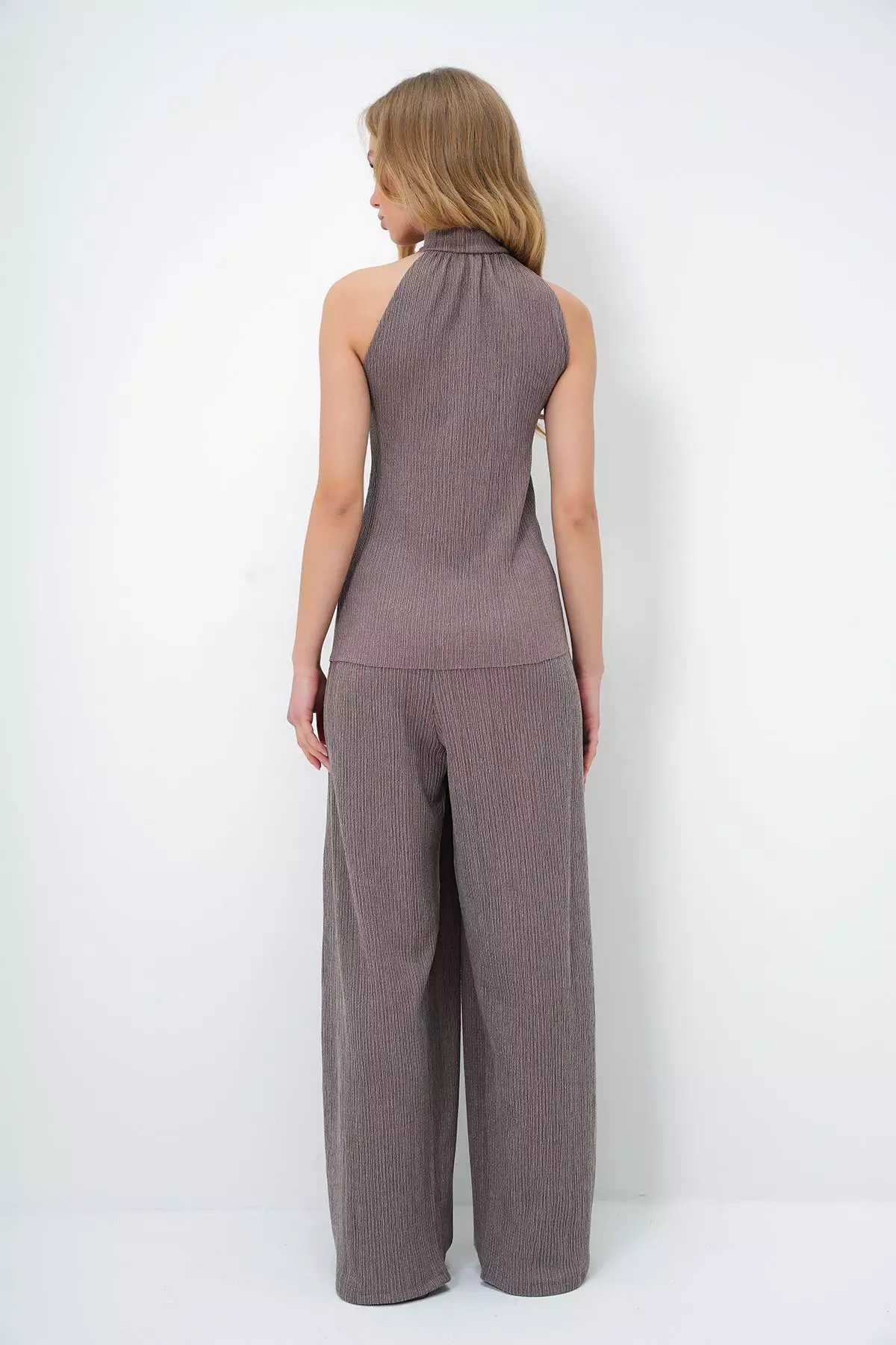 Women's Mink Textured Stand Collar Blouse and Trouser Set