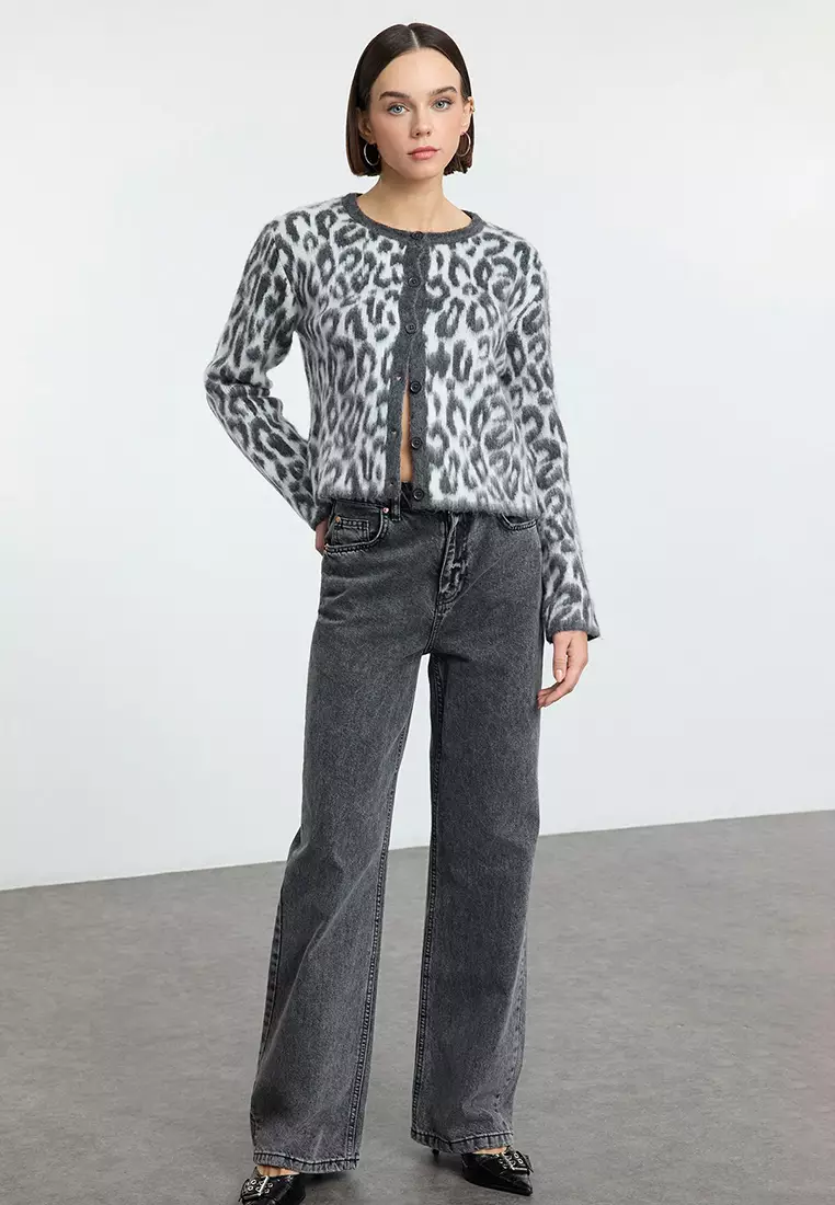 Anthracite Leopard Patterned Knitwear Cardigan Twoaw25Hi00378
