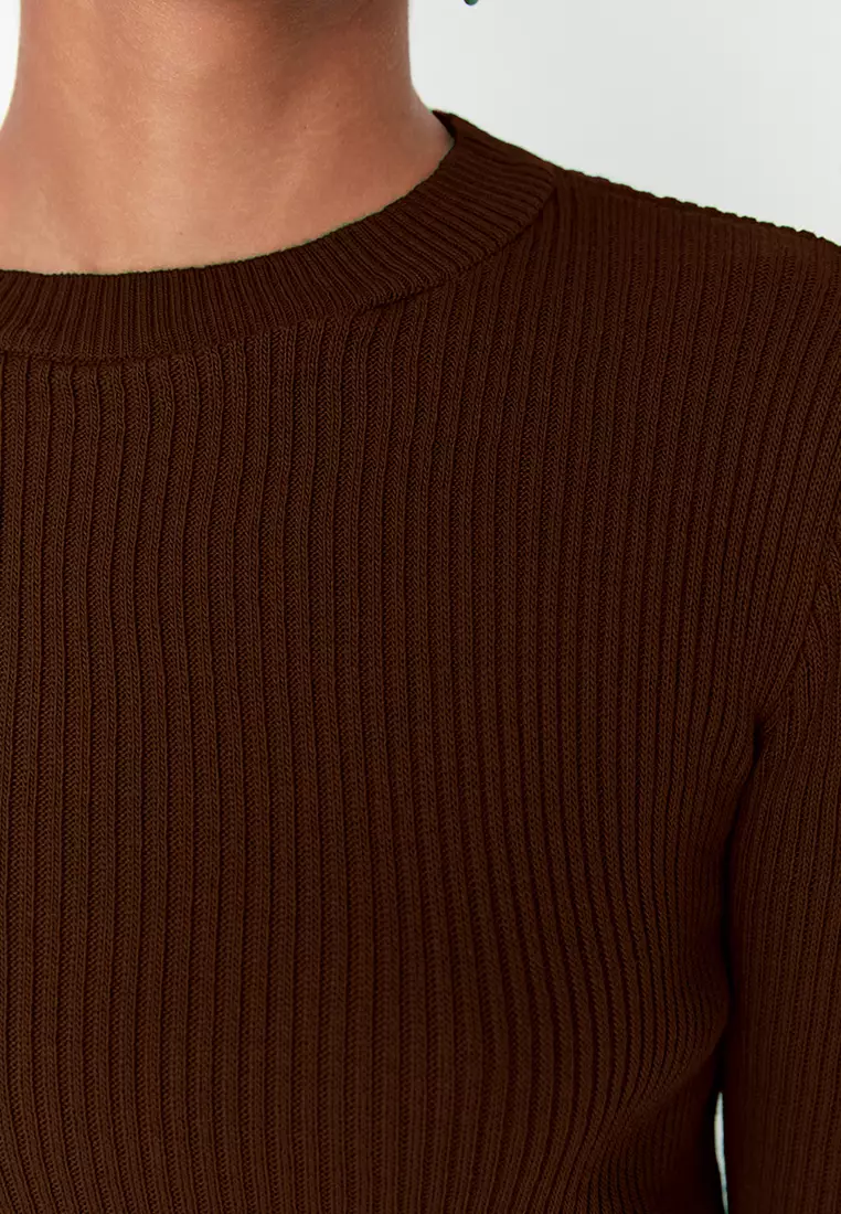 Brown Basic Ribbed Knit Sweater