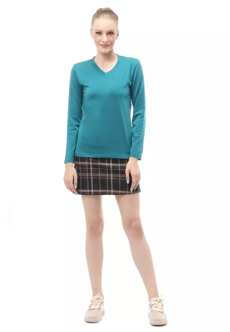 Kaos Polos Atasan Wanita V-Neck Lengan Panjang Design Simple Relaxed Fit - Tosca Tua