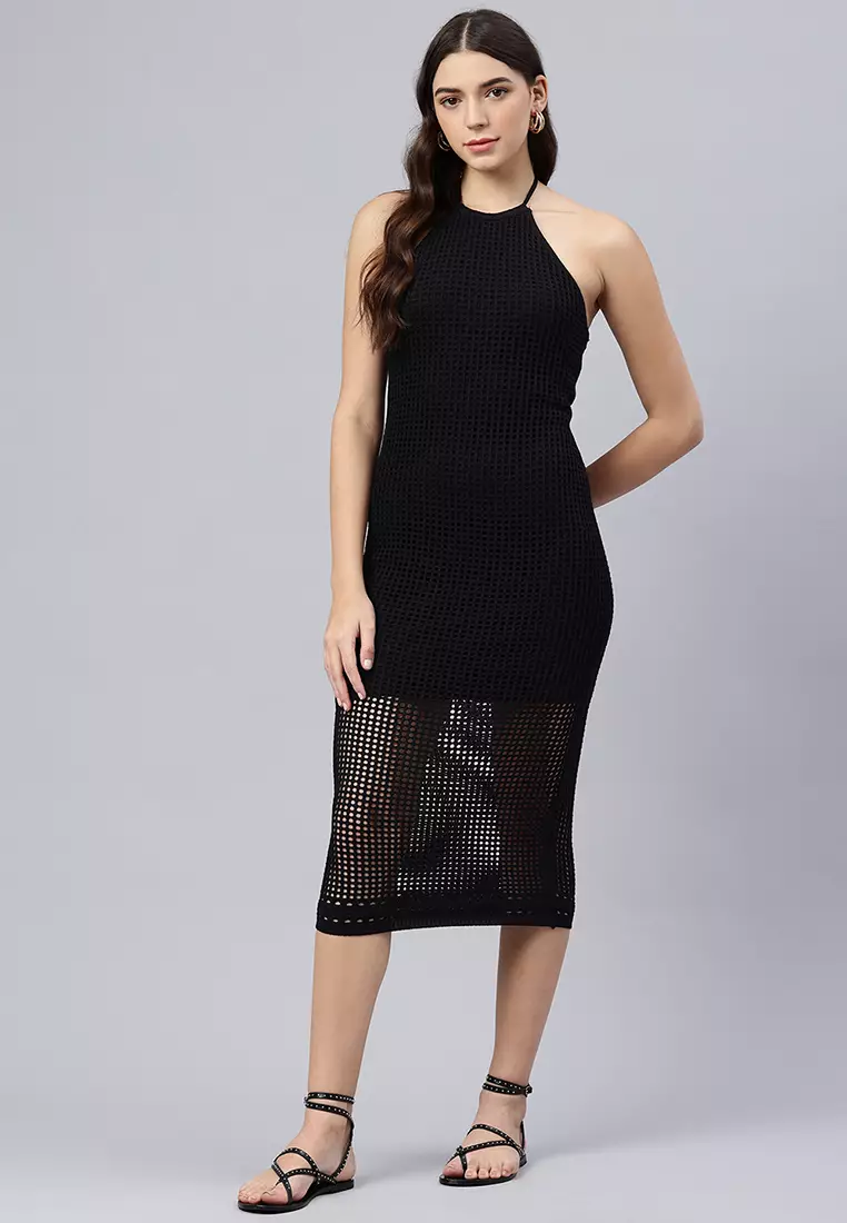 Halter Neck Backless Dress in Black