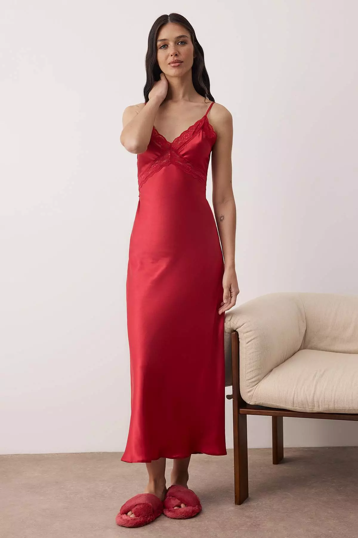 Burgundy Lace Back Detail String Strap Satin Woven Nightgown Thmss24Gc3
