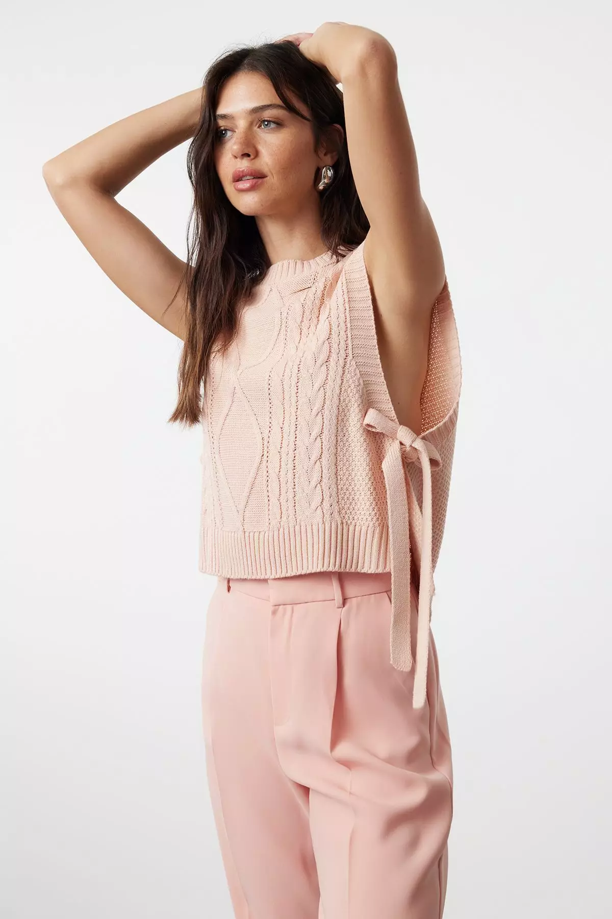 Pink Crop Side Ribbon/Bow Tie Detailed Knit Sweater TWOAW22SV0058