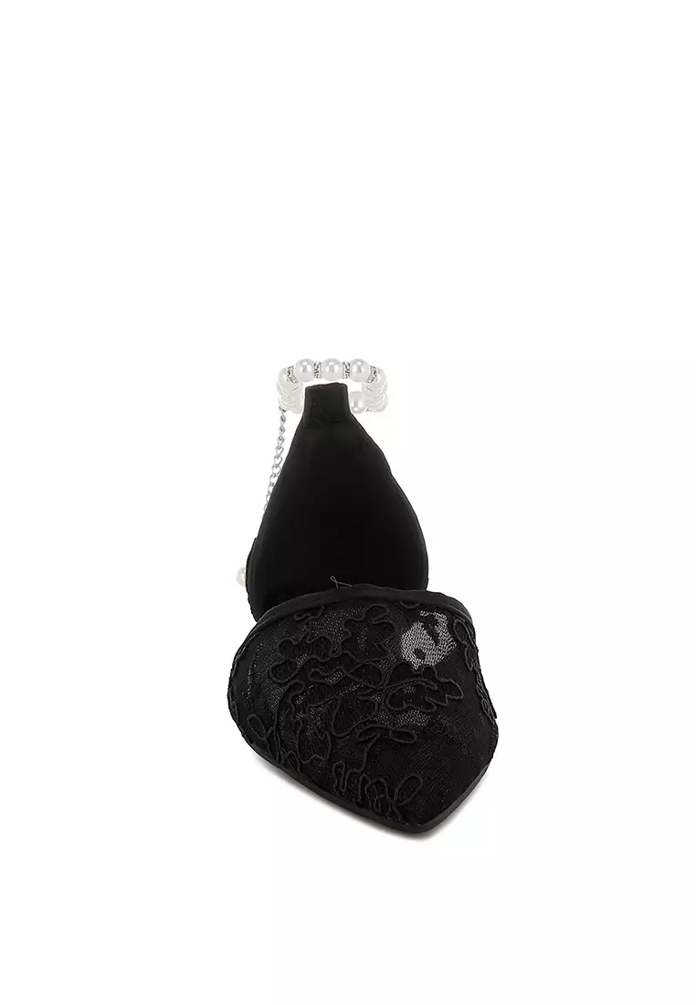 Sandal Datar Tali Mutiara & Berlian Imitasi Warna Hitam