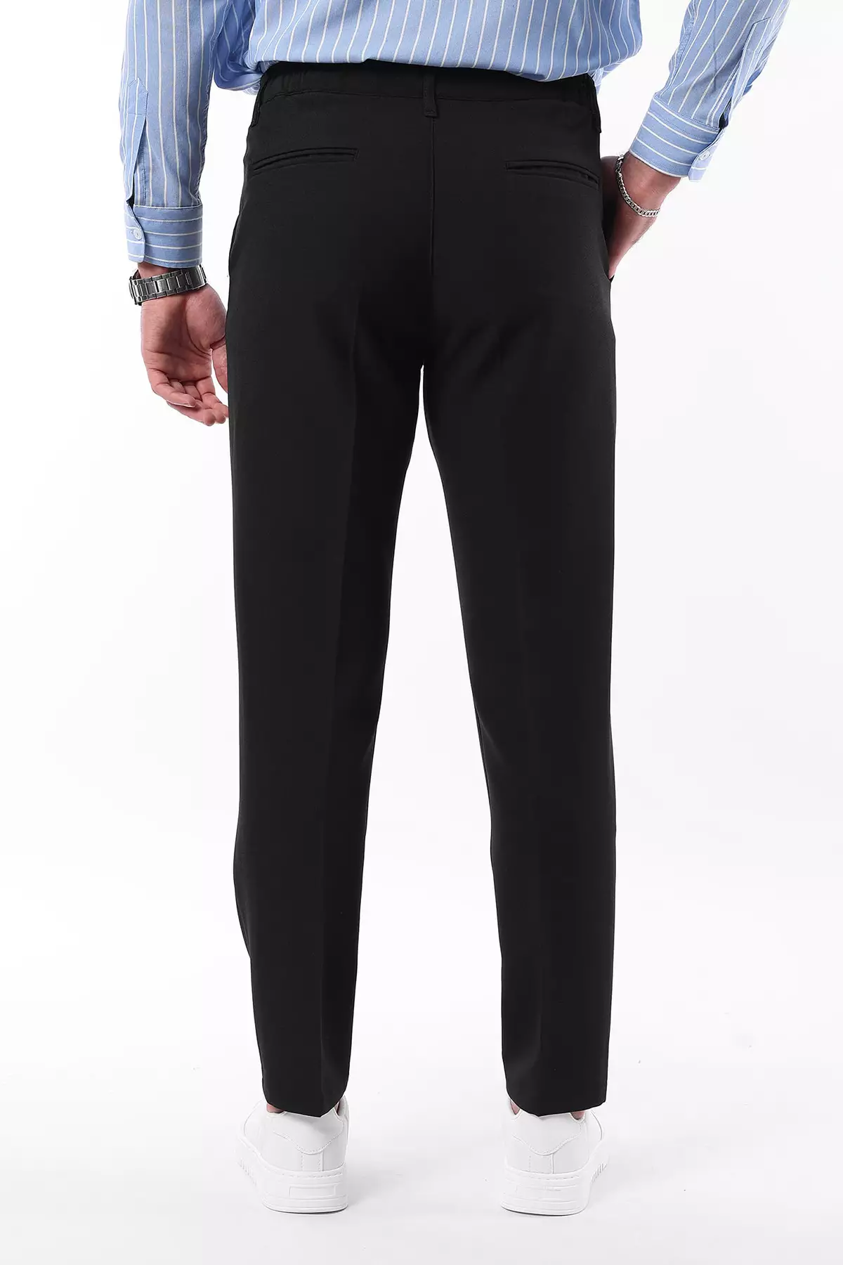 Black Slim Fit Elastic Fabric Woven Trousers With Tie Waist Detail Tmnaw25Pl00027