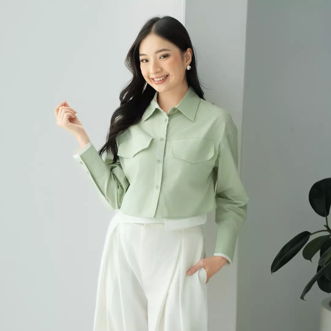 Platini Baju Kemeja Crop Top Lengan Panjang Wanita Katun 62001 Willow Green
