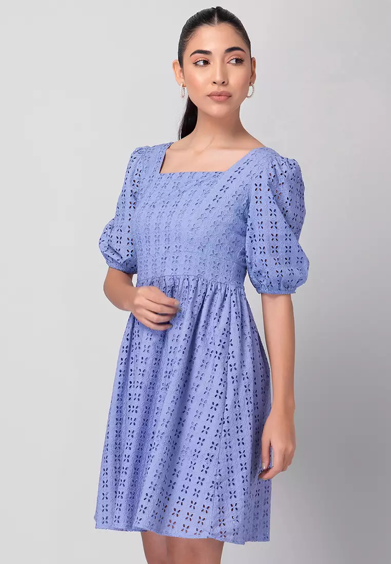Blue Schiffli Mini Dress with Pearl Buckle Belt & Lace Detailing