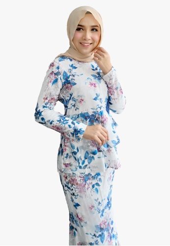 Buy Peplum Organza Printed Kurung from Zoe Arissa in White and Blue and Multi only 139