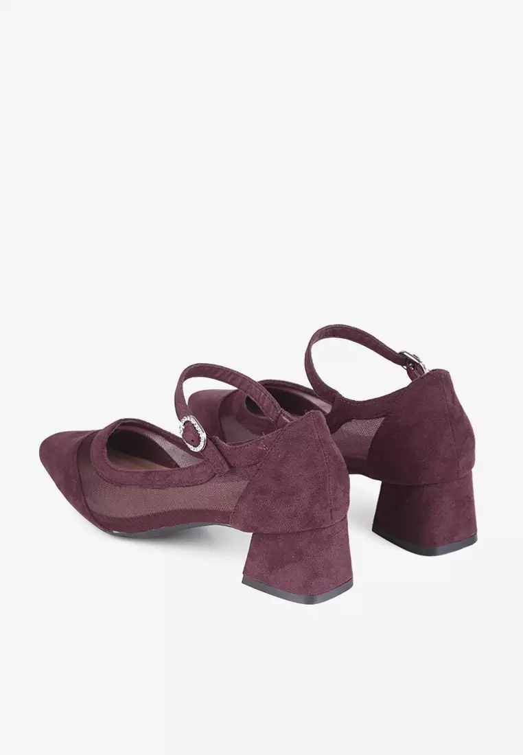 Elora Transparent Mesh Suede Block Heels Mary Jane in Maroon