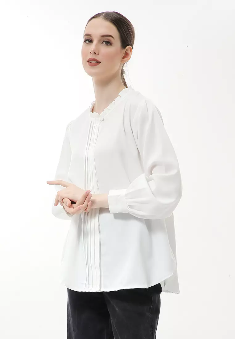 Vionka Kemeja Atasan Wanita Opnaisel Motif Polos - Broken White