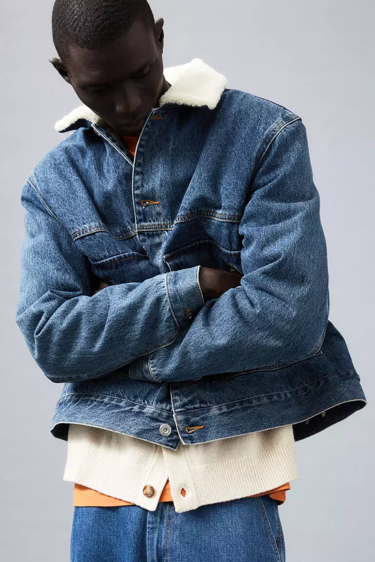 Jual H M Lined borg collared denim jacket Original 2024 ZALORA