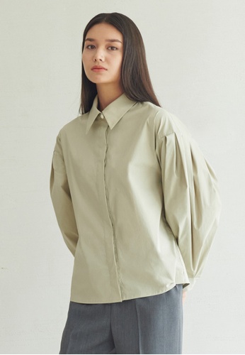 TAV green [Korean Designer Brand] Pearl Button Puffy Blouse - Light Khaki A65DFAA4C5FBD1GS_1