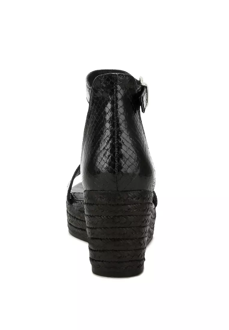 Espadrilles Wedge Ular Kulit Imitasi Hitam