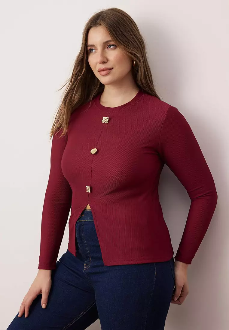 Burgundy Accessory Buttoned Long Sleeve Ribbed Knitted Plus Size Blouse Tbbaw26Af00078