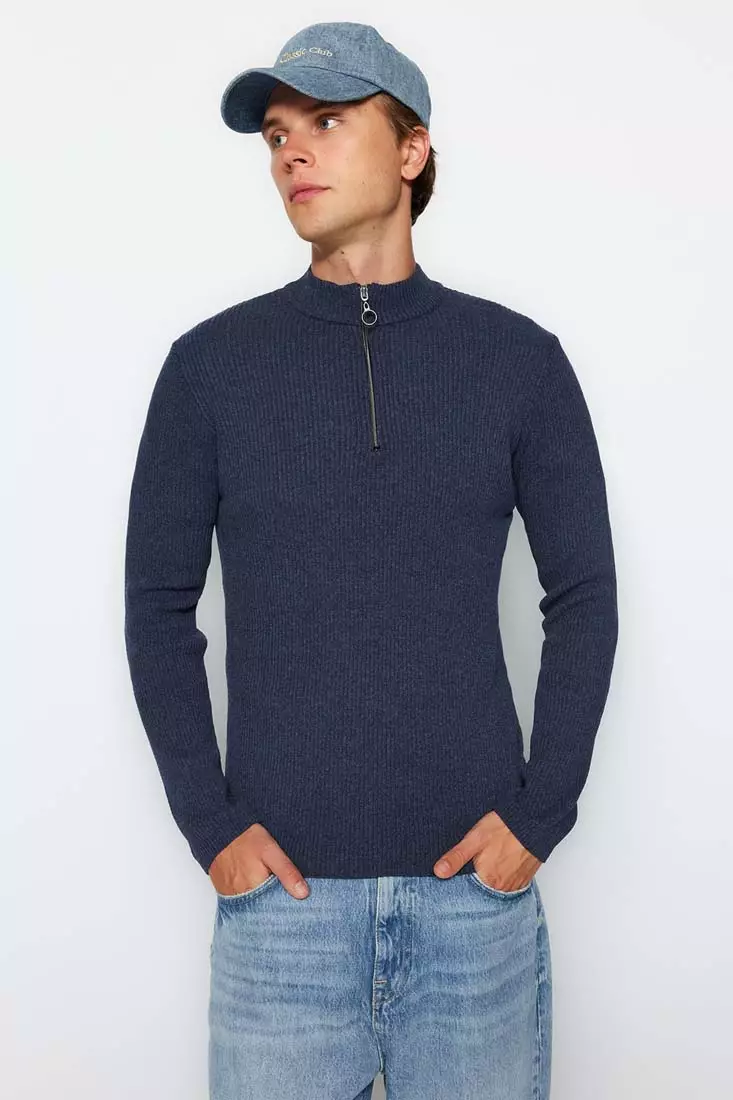 Buy Trendyol Indigo Men s Fitted Tight Fit Ribbed Collar Zippered