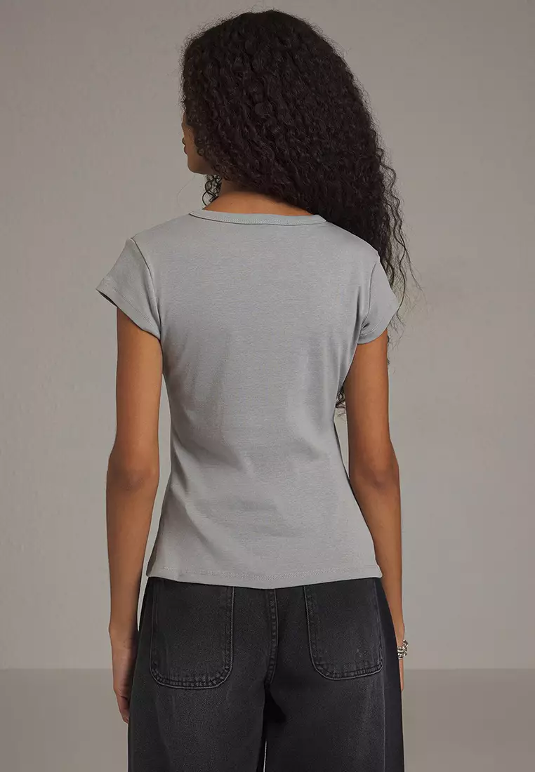 Grey Buttoned Fitted/Body Fitted Knitted Blouse Twoss25Bz00281