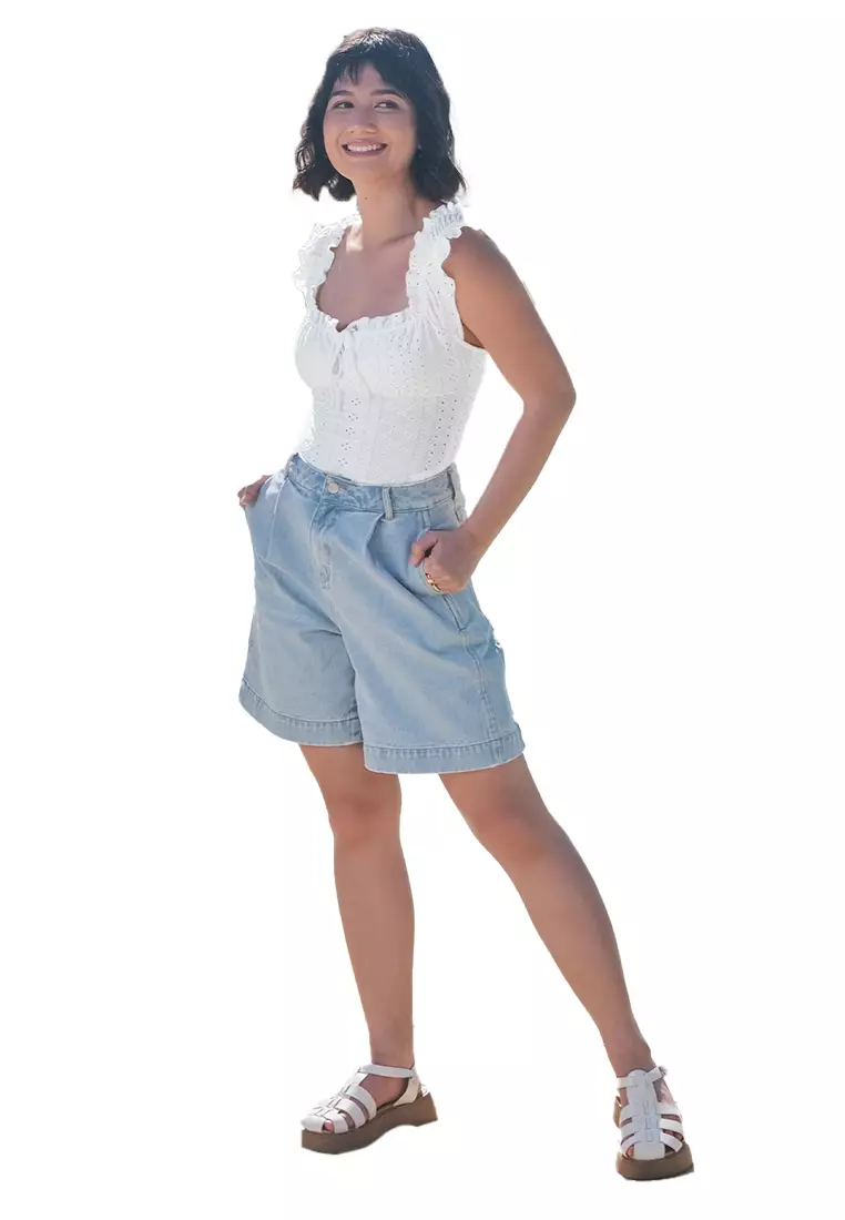 JUST G Eyelet Jersey Bodysuit With Shirring And Ruffle Detail