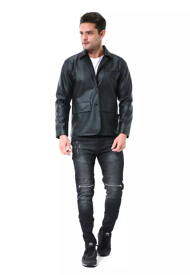 Danny Blazer Casual Formal Pria Outerwear Lengan Panjang Motif Polos Material Leather ORIGINAL - Black
