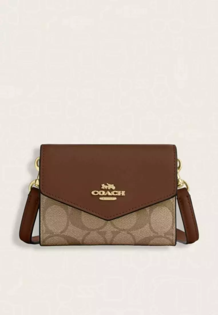 Coach Mini Envelope Wallet With Strap In Signature Canvas Khaki Saddle