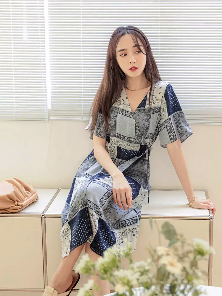 Printed waist tie long tunic dress [EA3353]