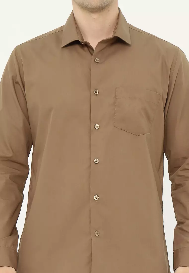 MAGINOT Kemeja Pria Basic Polos Panjang BROWN