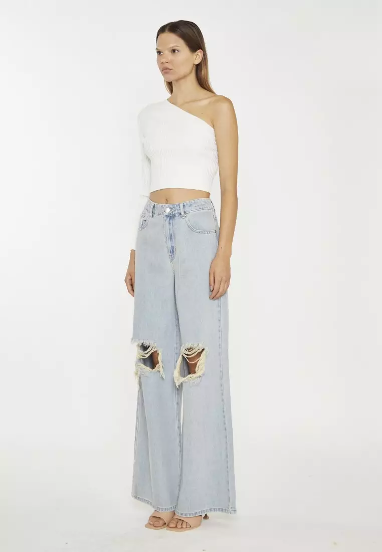 Wide-Leg Ripped Knee Jeans