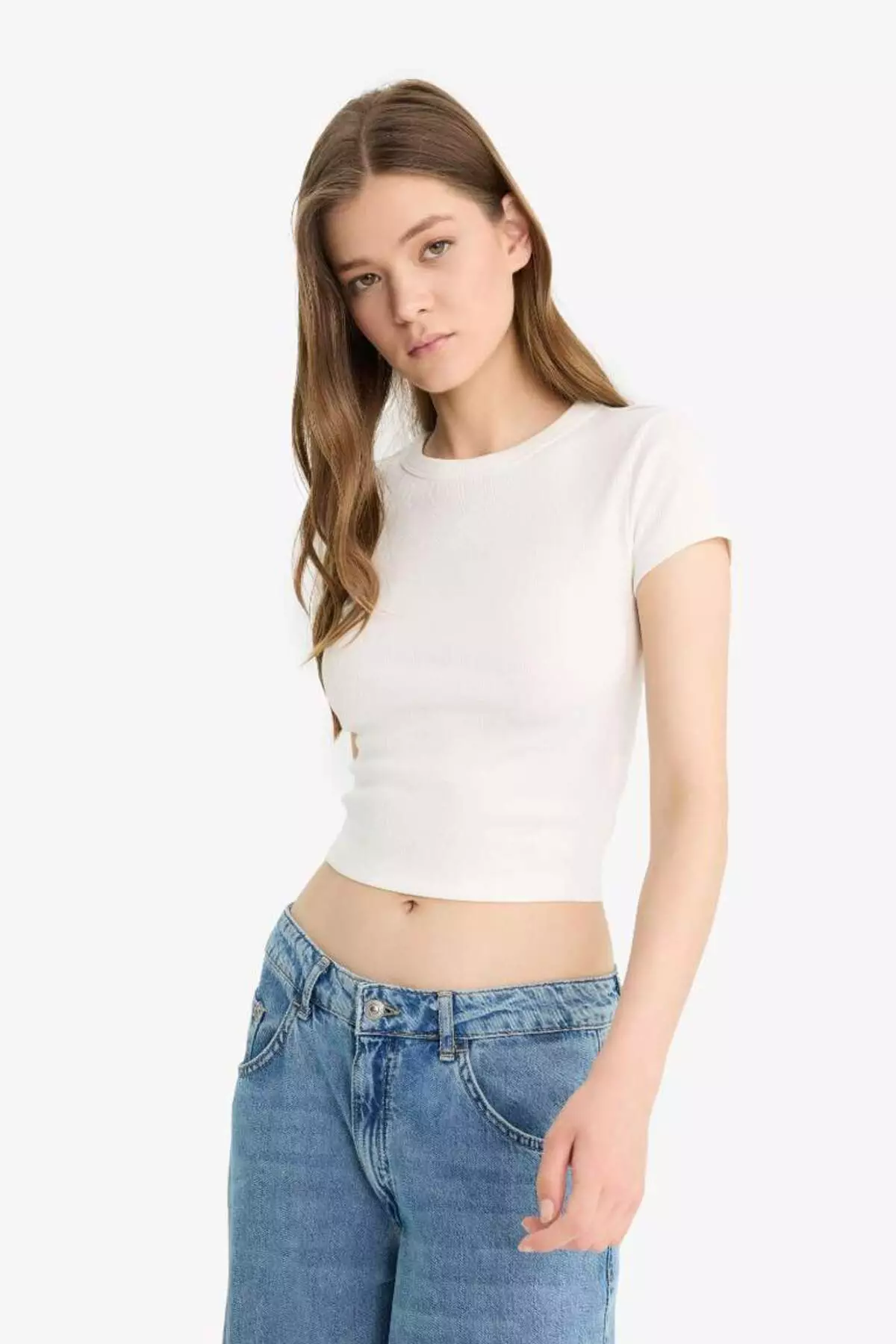 Coool Fitted Basic Plain Ribbed Camisole Short Sleeve T-Shirt E0287Ax25Sm