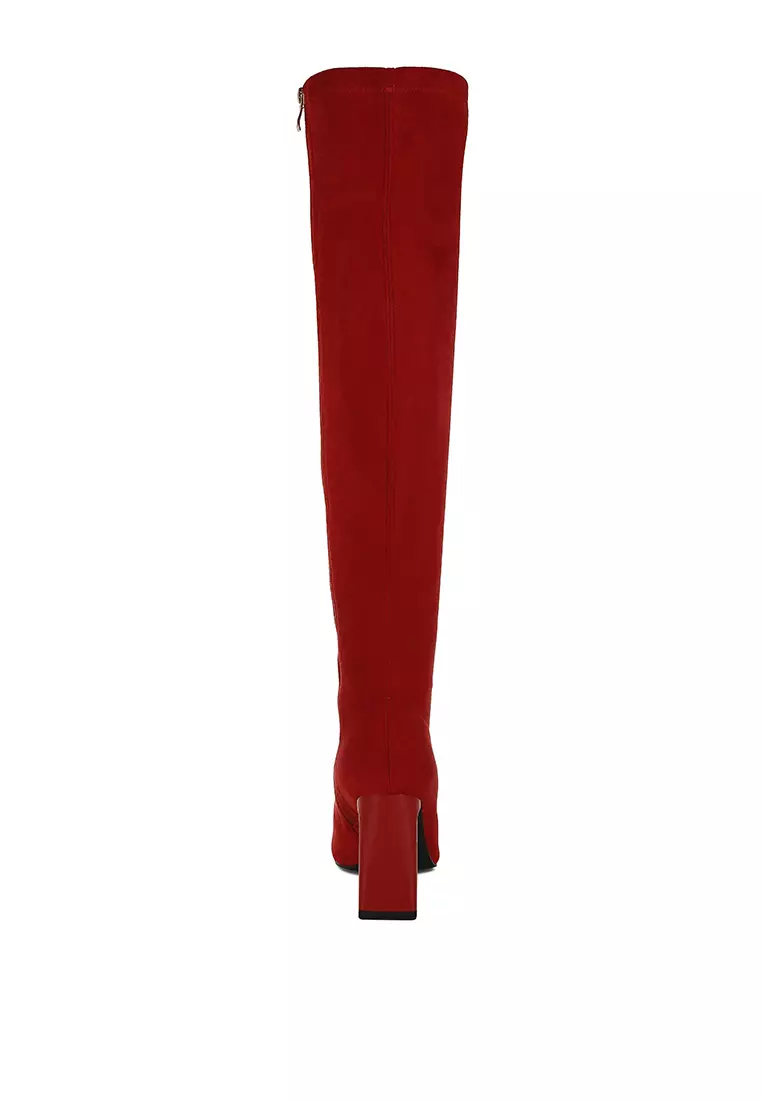 Red Slim Block Heel Long Boots
