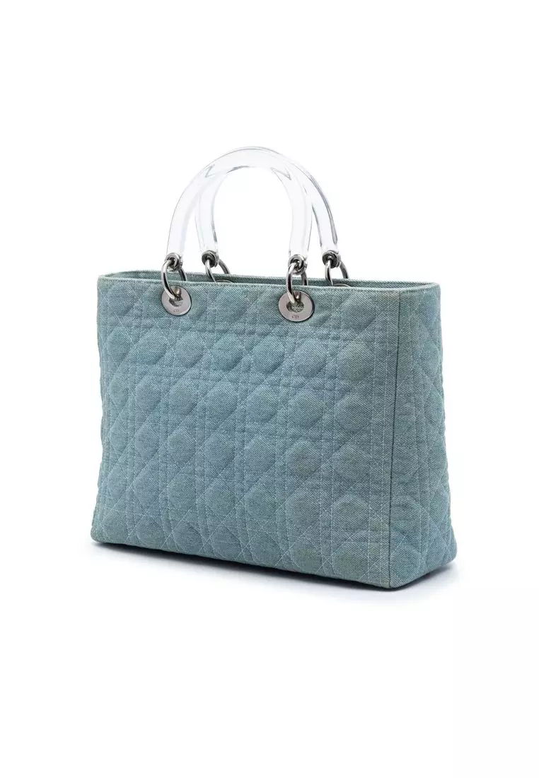 Pre-Loved Dior Large Denim Cannage Acrylic Handles Lady Dior