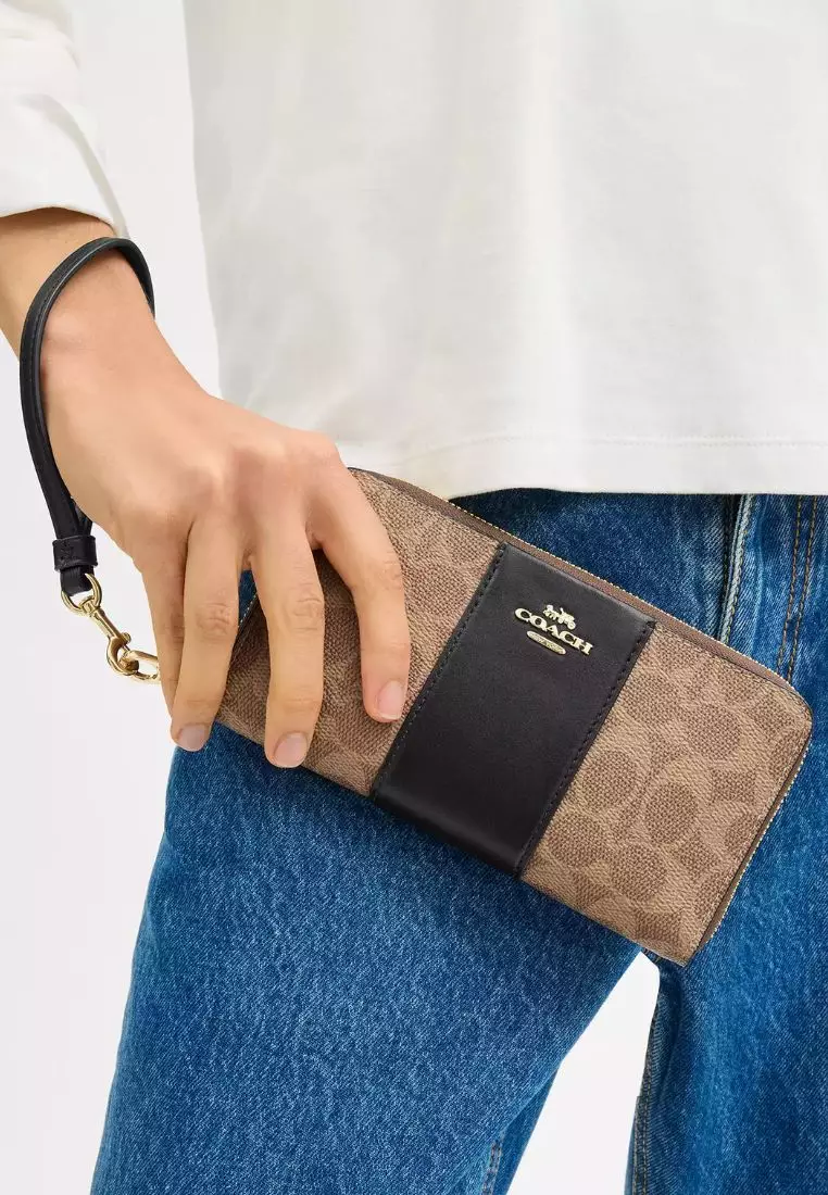 Long Zip Around Wallet In Signature Canvas With Stripe Gold Tan Black