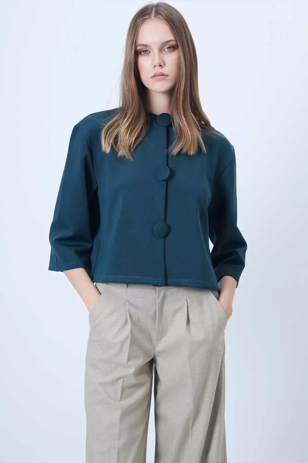 Green Coated Buttoned Crew Neck Custom Design Crop Jacket Alc-X14647