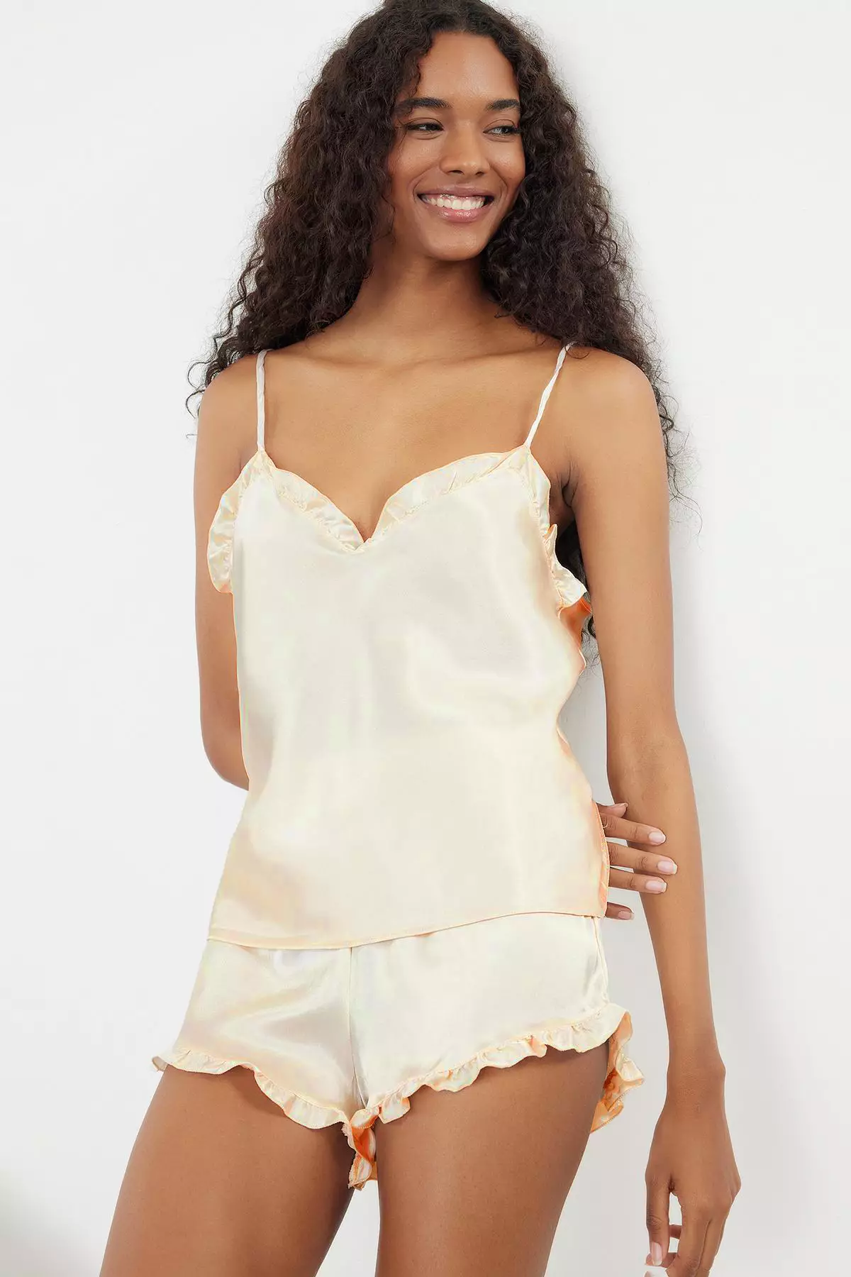 Ecru Frilled Rope Strap Satin Shorts Woven Pajama Set THMSS22PT0274